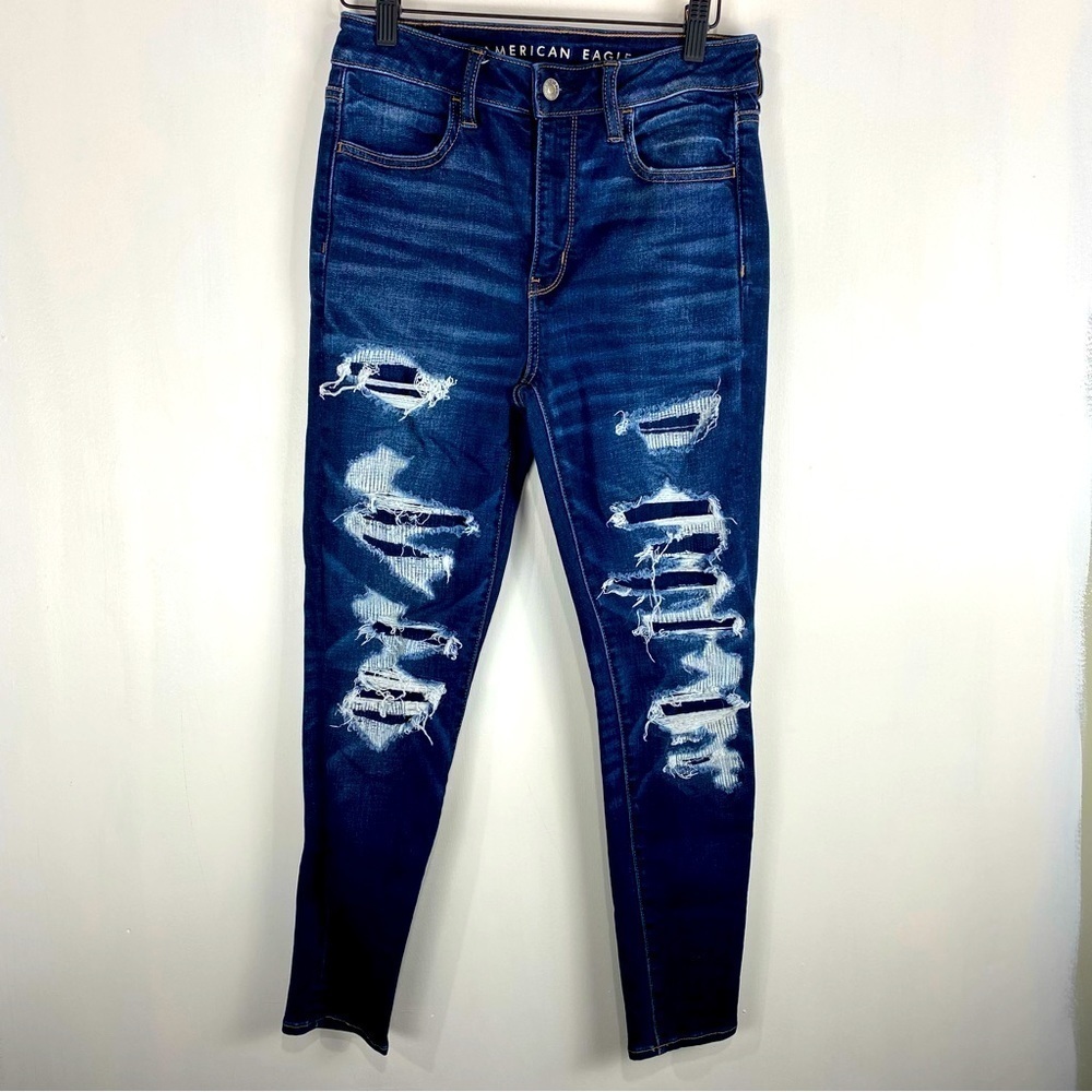 American Eagle Super Hi-Rise Ripped Distressed Jegging Dark Wash Denim Jeans 4